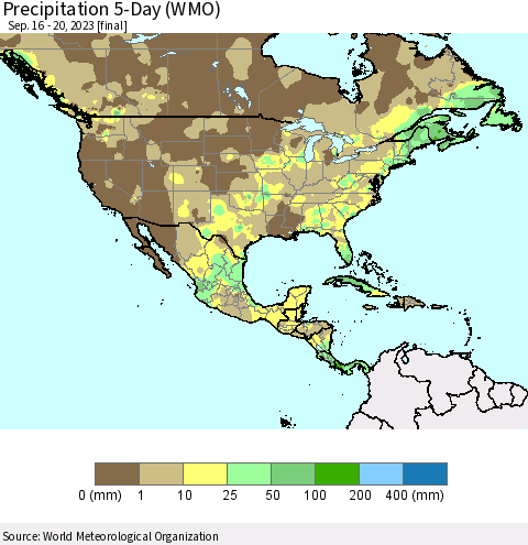 North America Precipitation 5-Day (WMO) Thematic Map For 9/16/2023 - 9/20/2023