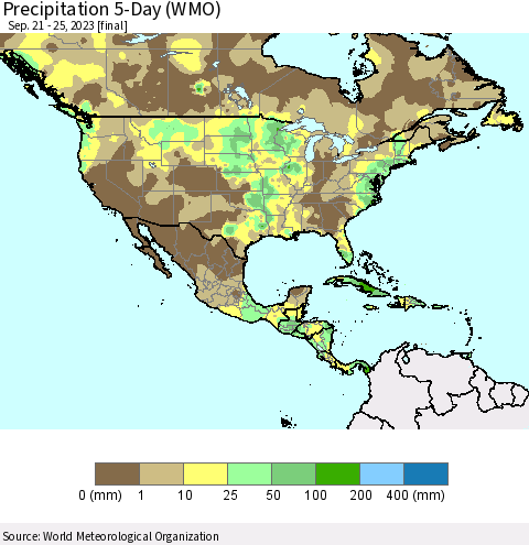 North America Precipitation 5-Day (WMO) Thematic Map For 9/21/2023 - 9/25/2023