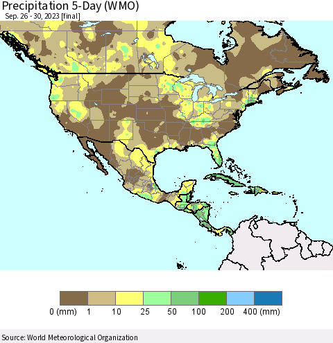 North America Precipitation 5-Day (WMO) Thematic Map For 9/26/2023 - 9/30/2023