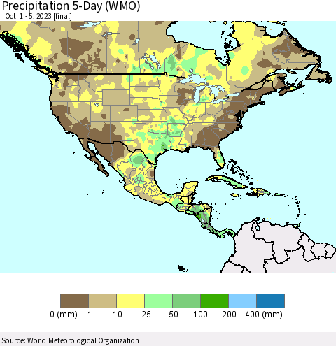 North America Precipitation 5-Day (WMO) Thematic Map For 10/1/2023 - 10/5/2023