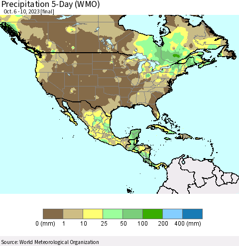 North America Precipitation 5-Day (WMO) Thematic Map For 10/6/2023 - 10/10/2023