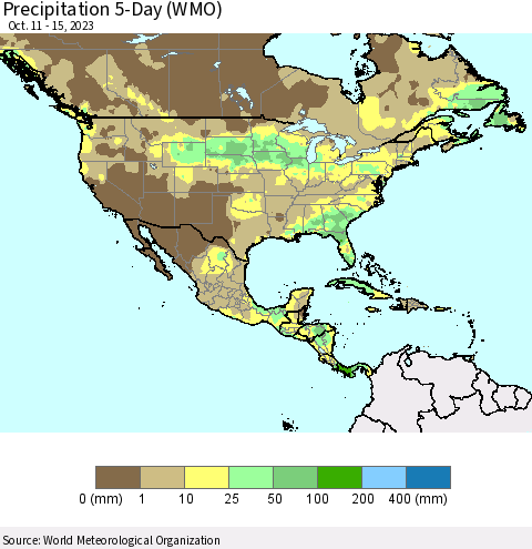 North America Precipitation 5-Day (WMO) Thematic Map For 10/11/2023 - 10/15/2023