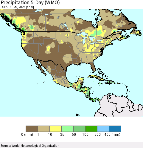 North America Precipitation 5-Day (WMO) Thematic Map For 10/16/2023 - 10/20/2023
