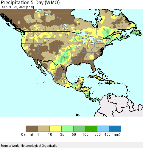 North America Precipitation 5-Day (WMO) Thematic Map For 10/21/2023 - 10/25/2023