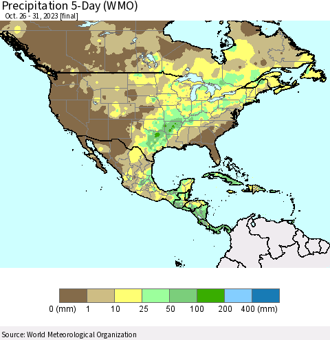 North America Precipitation 5-Day (WMO) Thematic Map For 10/26/2023 - 10/31/2023