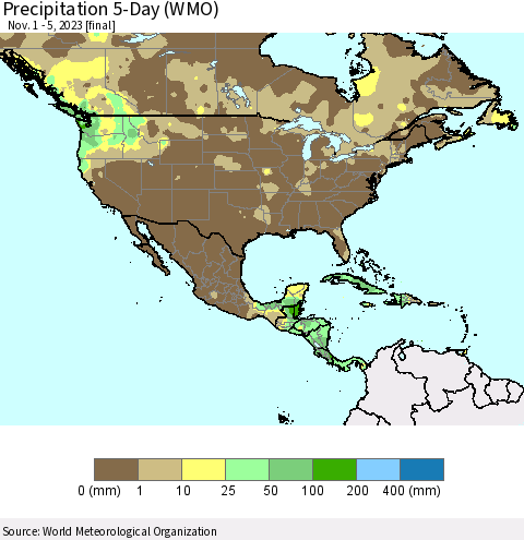 North America Precipitation 5-Day (WMO) Thematic Map For 11/1/2023 - 11/5/2023