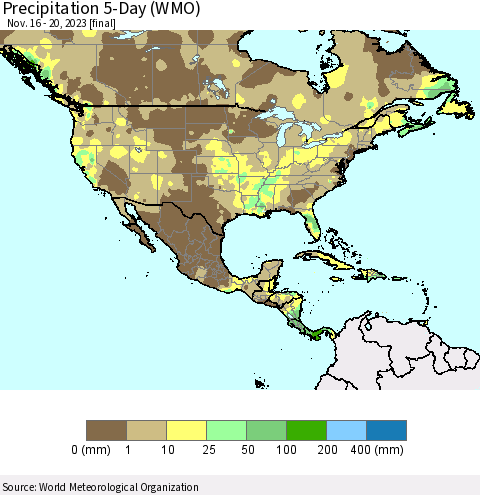 North America Precipitation 5-Day (WMO) Thematic Map For 11/16/2023 - 11/20/2023