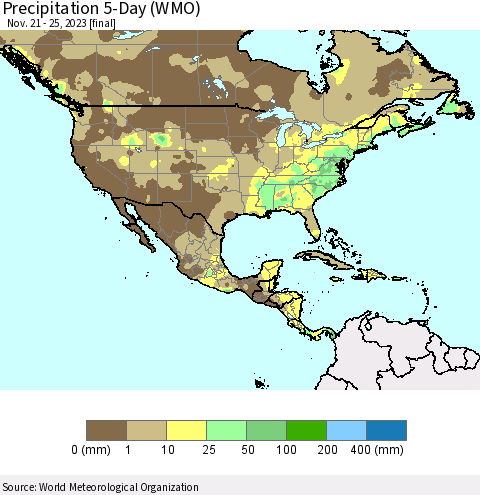 North America Precipitation 5-Day (WMO) Thematic Map For 11/21/2023 - 11/25/2023