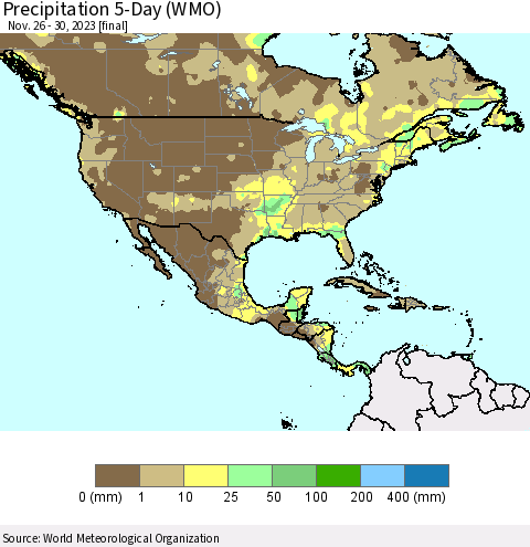 North America Precipitation 5-Day (WMO) Thematic Map For 11/26/2023 - 11/30/2023