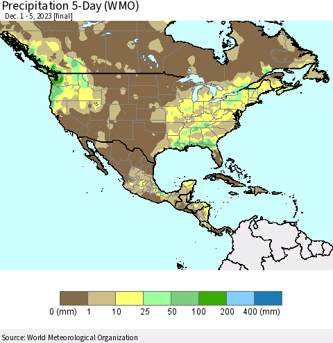 North America Precipitation 5-Day (WMO) Thematic Map For 12/1/2023 - 12/5/2023