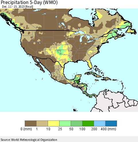 North America Precipitation 5-Day (WMO) Thematic Map For 12/11/2023 - 12/15/2023