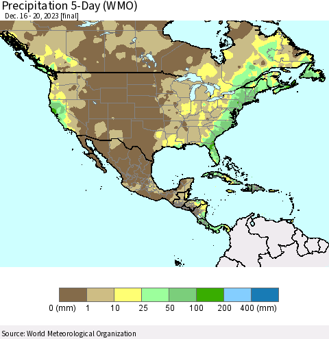 North America Precipitation 5-Day (WMO) Thematic Map For 12/16/2023 - 12/20/2023