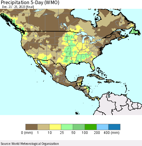 North America Precipitation 5-Day (WMO) Thematic Map For 12/21/2023 - 12/25/2023