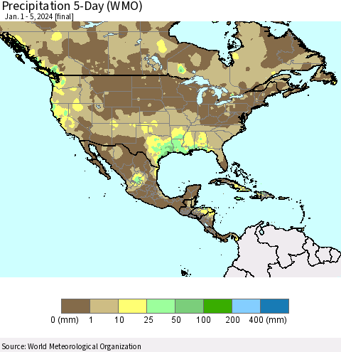 North America Precipitation 5-Day (WMO) Thematic Map For 1/1/2024 - 1/5/2024
