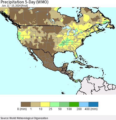 North America Precipitation 5-Day (WMO) Thematic Map For 1/11/2024 - 1/15/2024