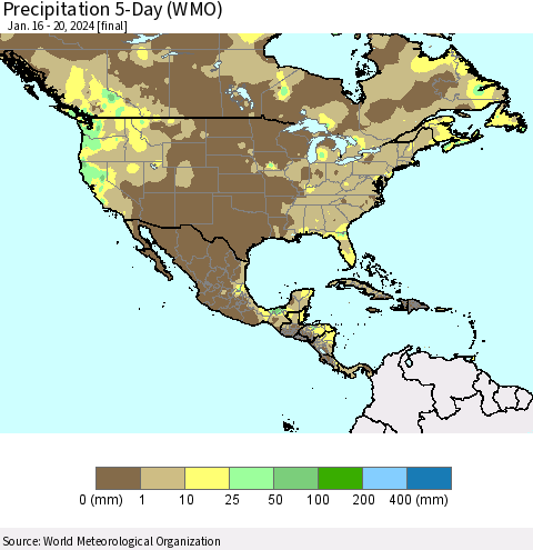 North America Precipitation 5-Day (WMO) Thematic Map For 1/16/2024 - 1/20/2024