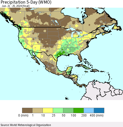 North America Precipitation 5-Day (WMO) Thematic Map For 1/21/2024 - 1/25/2024