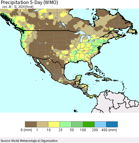 North America Precipitation 5-Day (WMO) Thematic Map For 1/26/2024 - 1/31/2024