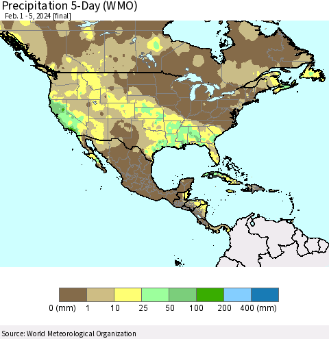 North America Precipitation 5-Day (WMO) Thematic Map For 2/1/2024 - 2/5/2024