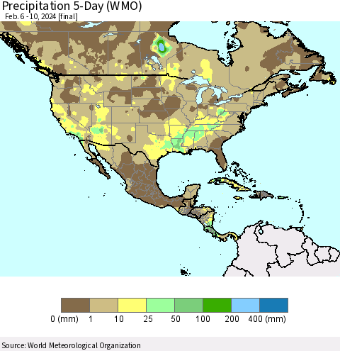 North America Precipitation 5-Day (WMO) Thematic Map For 2/6/2024 - 2/10/2024