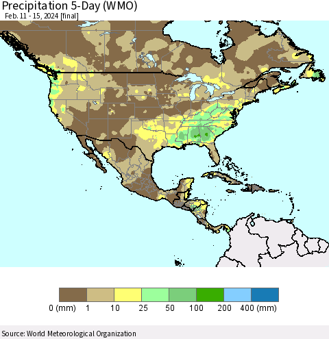 North America Precipitation 5-Day (WMO) Thematic Map For 2/11/2024 - 2/15/2024