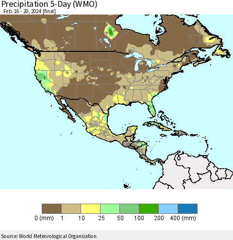 North America Precipitation 5-Day (WMO) Thematic Map For 2/16/2024 - 2/20/2024
