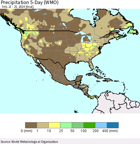 North America Precipitation 5-Day (WMO) Thematic Map For 2/21/2024 - 2/25/2024