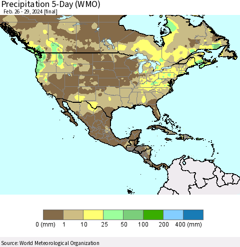 North America Precipitation 5-Day (WMO) Thematic Map For 2/26/2024 - 2/29/2024