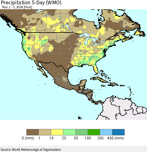 North America Precipitation 5-Day (WMO) Thematic Map For 3/1/2024 - 3/5/2024