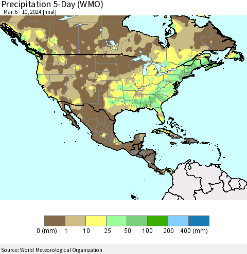 North America Precipitation 5-Day (WMO) Thematic Map For 3/6/2024 - 3/10/2024