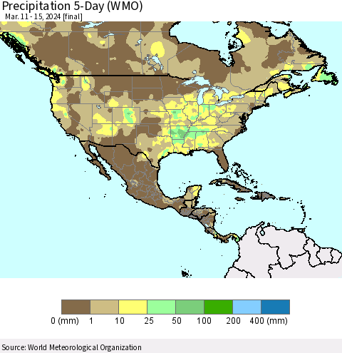 North America Precipitation 5-Day (WMO) Thematic Map For 3/11/2024 - 3/15/2024