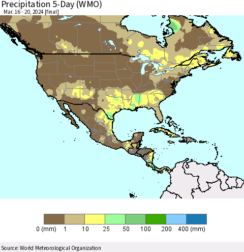 North America Precipitation 5-Day (WMO) Thematic Map For 3/16/2024 - 3/20/2024