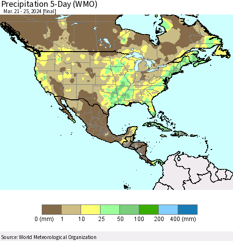 North America Precipitation 5-Day (WMO) Thematic Map For 3/21/2024 - 3/25/2024