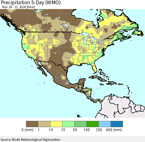 North America Precipitation 5-Day (WMO) Thematic Map For 3/26/2024 - 3/31/2024