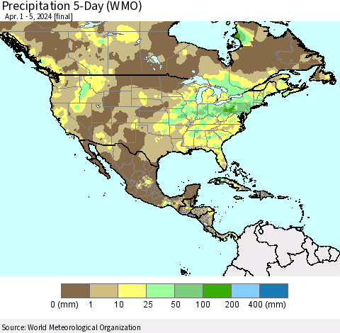 North America Precipitation 5-Day (WMO) Thematic Map For 4/1/2024 - 4/5/2024