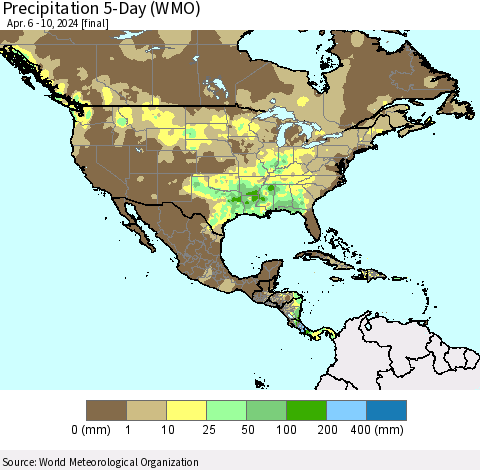 North America Precipitation 5-Day (WMO) Thematic Map For 4/6/2024 - 4/10/2024