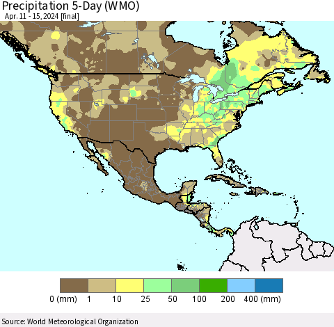 North America Precipitation 5-Day (WMO) Thematic Map For 4/11/2024 - 4/15/2024