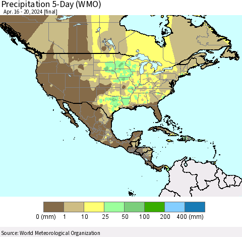 North America Precipitation 5-Day (WMO) Thematic Map For 4/16/2024 - 4/20/2024