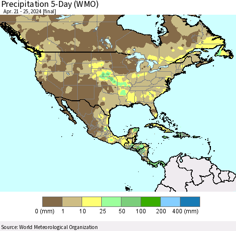 North America Precipitation 5-Day (WMO) Thematic Map For 4/21/2024 - 4/25/2024