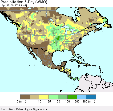 North America Precipitation 5-Day (WMO) Thematic Map For 4/26/2024 - 4/30/2024