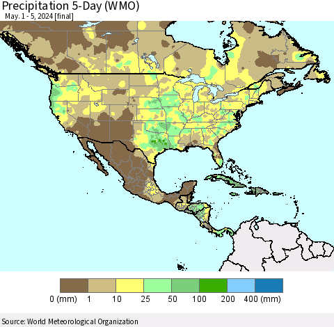 North America Precipitation 5-Day (WMO) Thematic Map For 5/1/2024 - 5/5/2024