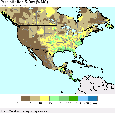 North America Precipitation 5-Day (WMO) Thematic Map For 5/11/2024 - 5/15/2024