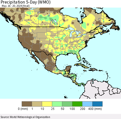 North America Precipitation 5-Day (WMO) Thematic Map For 5/16/2024 - 5/20/2024