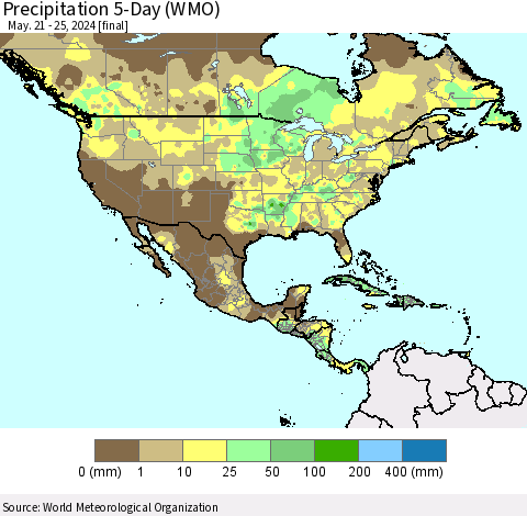 North America Precipitation 5-Day (WMO) Thematic Map For 5/21/2024 - 5/25/2024