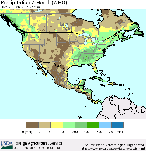 North America Precipitation 2-Month (WMO) Thematic Map For 12/26/2021 - 2/25/2022