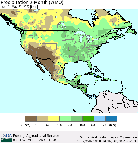 North America Precipitation 2-Month (WMO) Thematic Map For 4/1/2022 - 5/31/2022