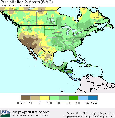 North America Precipitation 2-Month (WMO) Thematic Map For 5/1/2022 - 6/30/2022