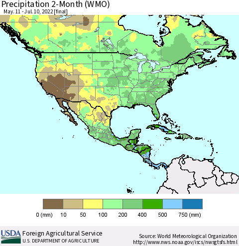 North America Precipitation 2-Month (WMO) Thematic Map For 5/11/2022 - 7/10/2022