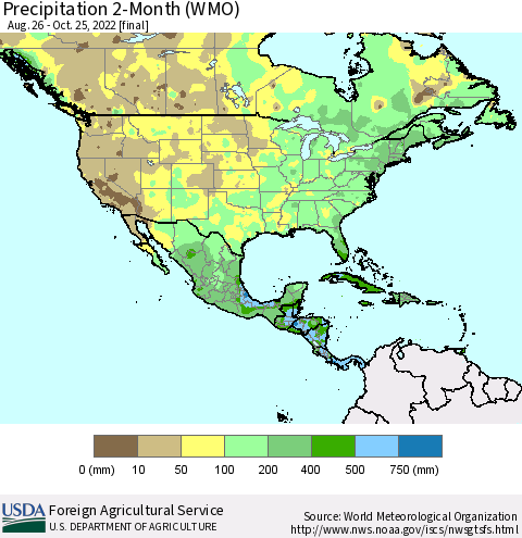 North America Precipitation 2-Month (WMO) Thematic Map For 8/26/2022 - 10/25/2022