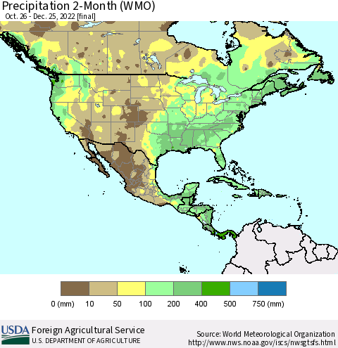North America Precipitation 2-Month (WMO) Thematic Map For 10/26/2022 - 12/25/2022